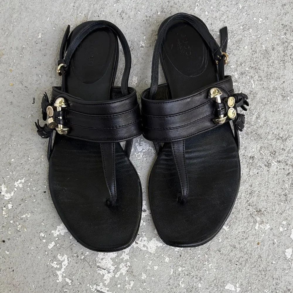 Gucci, black, leather, tassel, thong sandals